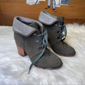 Splendid Slate Lyon Suede Lace Up Ankle Boots Olive Green Size 8M Stacked Heel